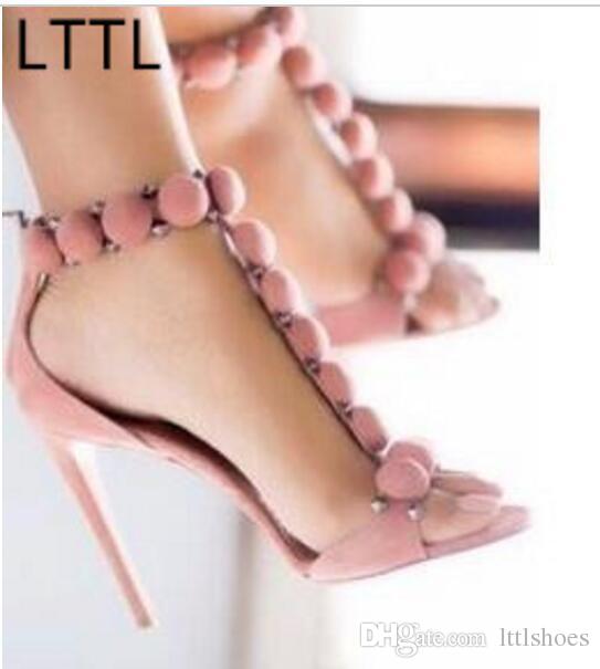 LTTL Women Fashion Pom Pom Sandals Suede Leather High Heels Black