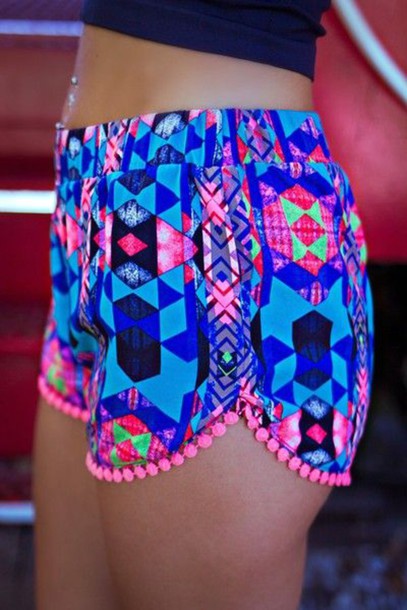 shorts, pom pom shorts, beach shorts, blue, printed shorts, cute