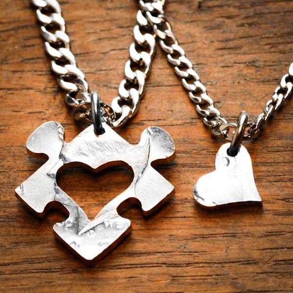 Heart Puzzle Piece with Initials Couples Necklaces, Custom cut