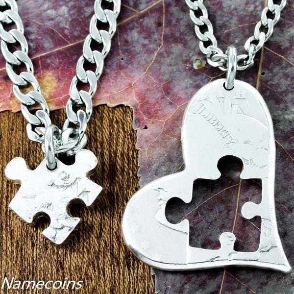Puzzle Piece Necklace Heart, Half dollar, hand cut coin - NameCoins