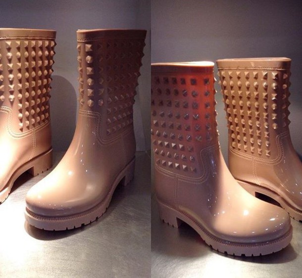 shoes, studded shoes, nude boots, girly, rockfish bow rainboots