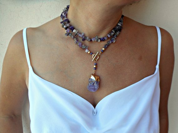 Raw amethyst necklace Amethyst jewelry Long pendant | Etsy