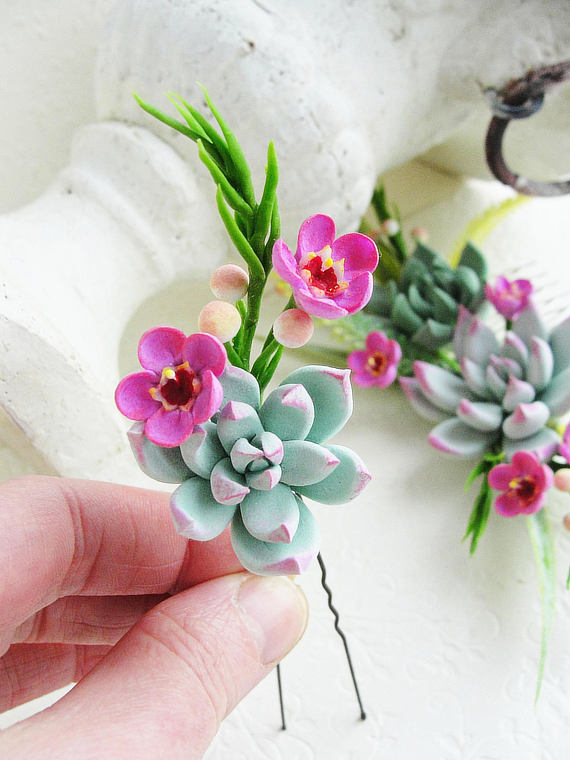 Succulent Hair Pin, Flower Hair Accessory, Blue Pink Green Flower