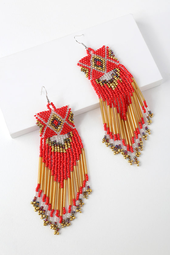 Boho Red Earrings - Beaded Earrings - Tassel Earrings