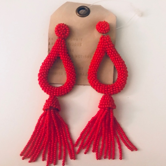 Anthropologie Jewelry | Red Beaded Tassel Earrings | Poshmark