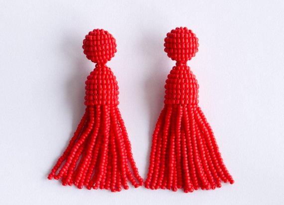 Scarlet red beaded tassel earrings Oscar De La Renta style | Etsy