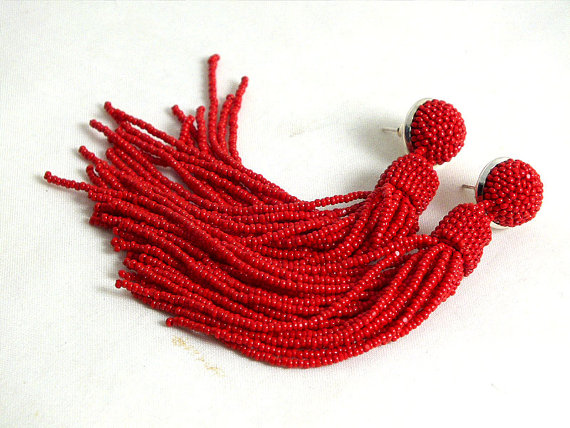 Long Beaded Tassel Earrings - Clip - On Earrings In Red- Statement