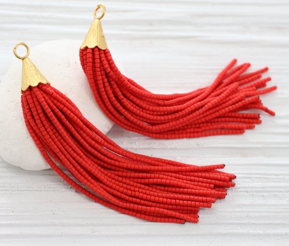 Red beaded tassel earrings tassel jewelry tassels bead | Etsy