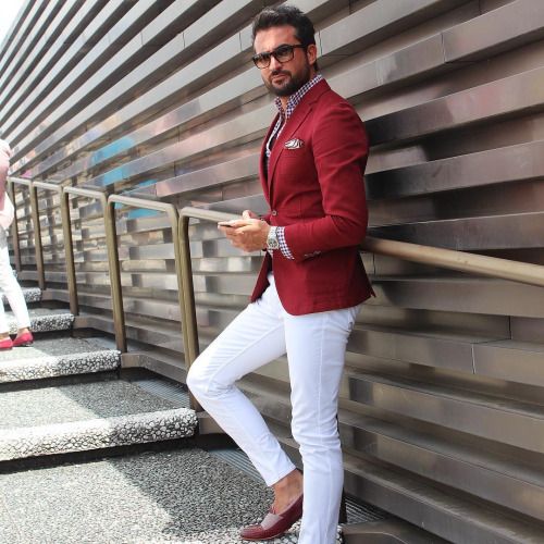 Red blazer, white pants, red & white gingham shirt | Men's Fashion