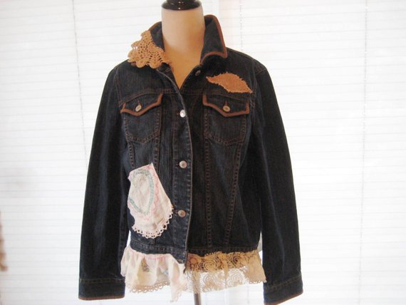 Lace doily jean jacket upcycled jean jacket repurposed | Etsy