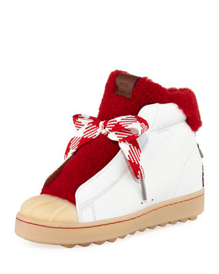 COACH COLORBLOCK HIGH-TOP PLATFORM SNEAKER WITH FUR, WHITE/CHERRY