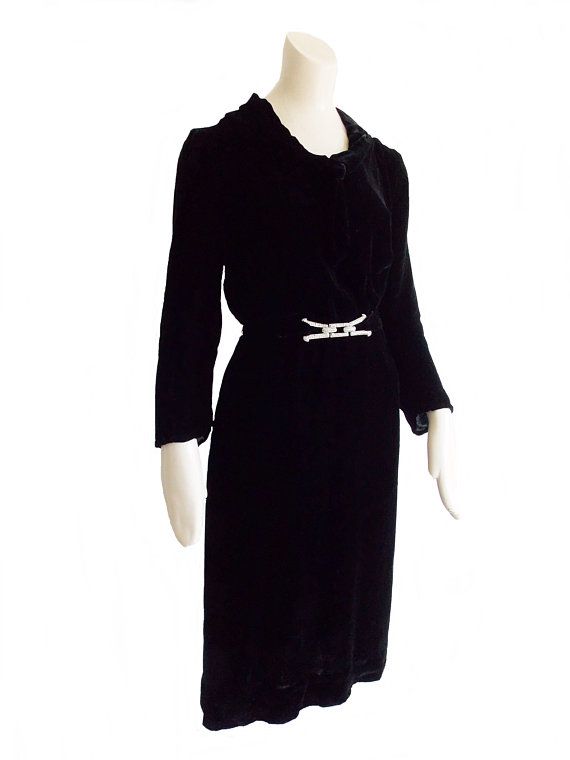 Art Deco 1930s black velvet Dress/ 40s rhinestone belt and bow dress