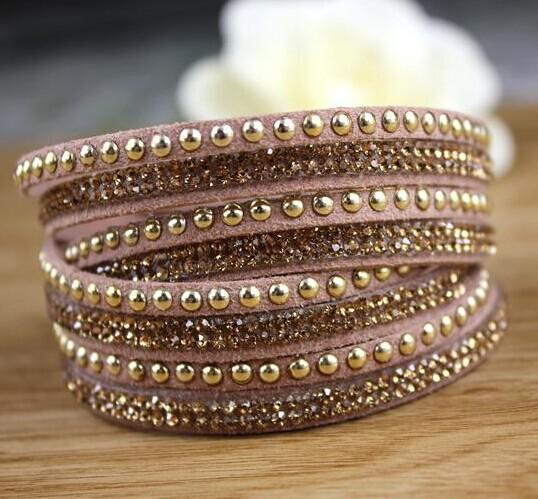 Six Layers Leather Crystal Rhinestone Wrap Double Bling Bling