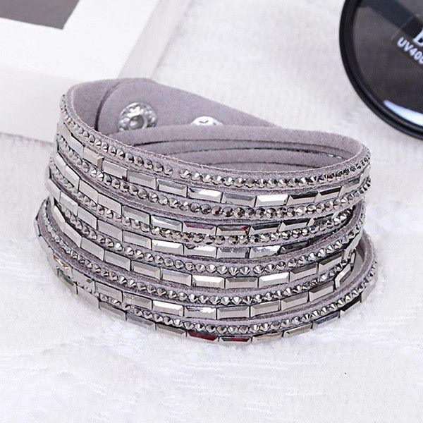 Handmade Multilayer Leather Wrap Charm Bracelet with Rhinestones
