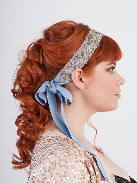 Antoinette Beaded Ribbon Headband Antique Gold and Mist Blue