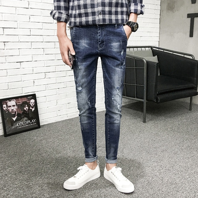 Korean Men Jeans Fashion 2018 Spring Slim Fit Ripped Jeans Men Full
