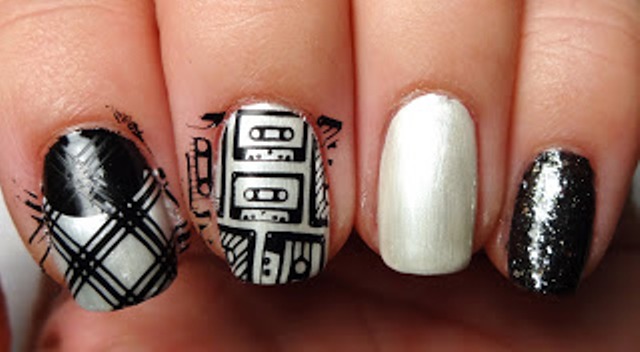 Picture Of diy rock maniac nail art in black and white 3