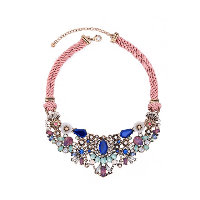 Colorful Crystal Flower Double Pink Rope Chain Short Necklace 2017