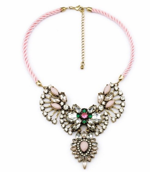 Fashion Pink Rope Crystal Rhinestone Bib Statement Necklace