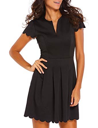 Sidefeel Women Cute V Neck Sweet Scallop Pleated Skater Dress at