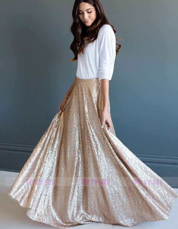 Gold Sequin long Skirts/Wedding Party Formal Holiday Full Maxi Skirt