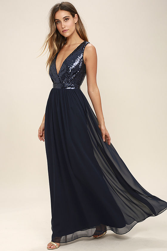 New arrival Elegant Encounter Sequin Maxi Dress Womens Navy Blue