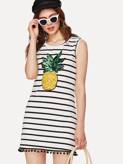 Sequin Pineapple Embellished Striped Tank Dress -SHEIN(SHEINSIDE)