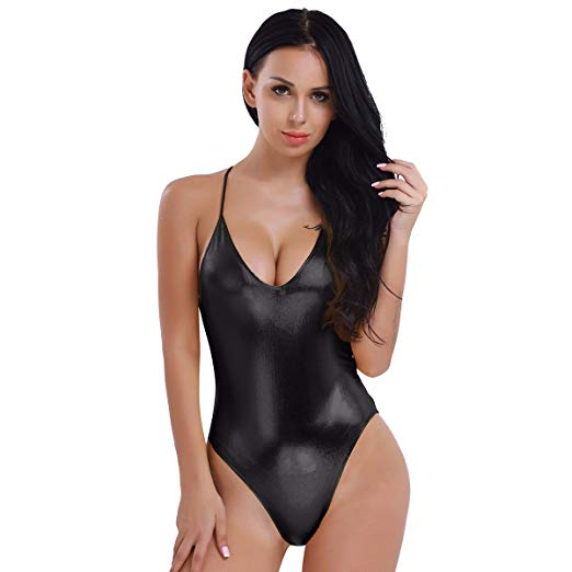 Amazon.com: FEESHOW Women's Sexy Leather Deep V One Piece Leotard