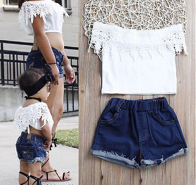 New Toddler Kids Baby Girls Sunmmer Clothes White Lace Tops Denim