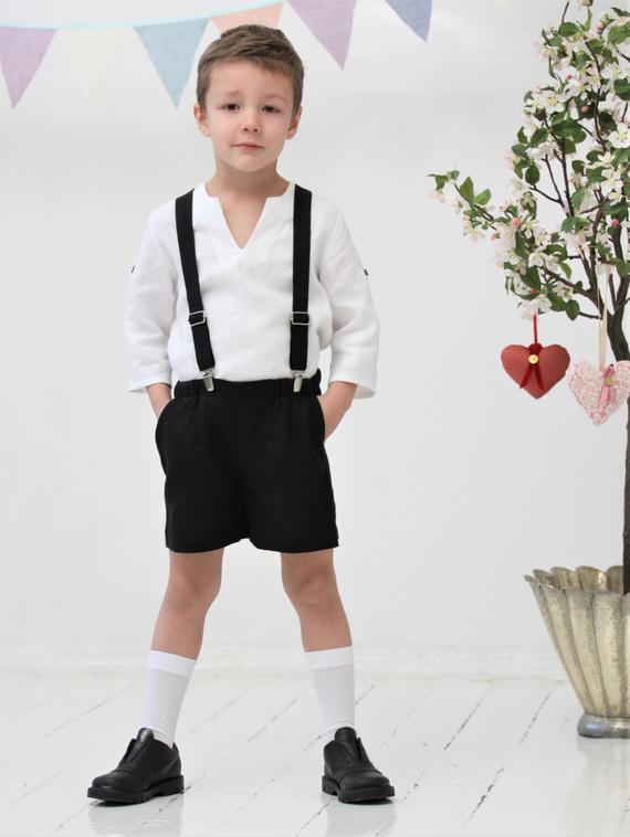 Boys shorts Toddler boy linen shorts and suspender set Black | Etsy