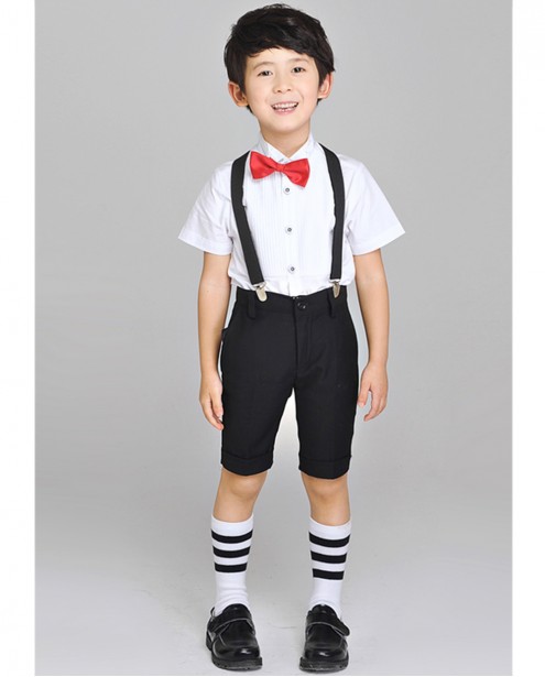 White Short Sleeves Shirt with Black Shorts and Suspenders