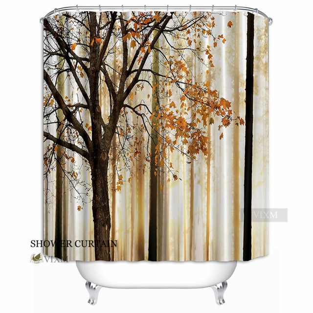 Vixm Home Fall Trees Print Shower Curtain Orange Ivory Brown Beige