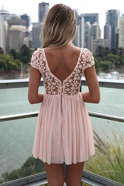pink dress, lace dress, soft pink, low back, floral dress, mini
