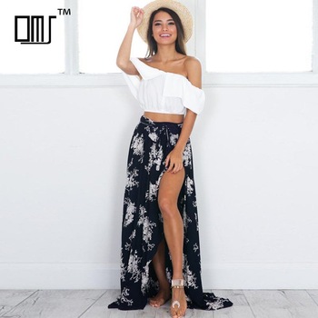 Custom High Split Navy White Floral Maxi Wrap Skirt For Women - Buy