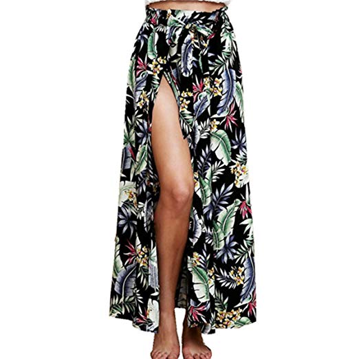 Plusnuolee Women's Bohemian Floral Print Tie up Long Maxi Skirt