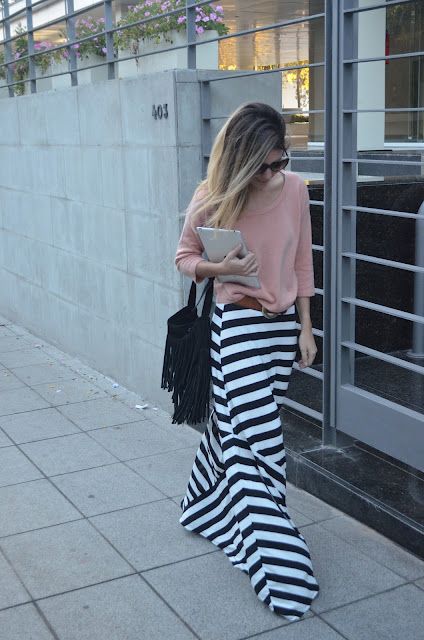 Striped, graphic maxi skirt paired with a neutral top | Style