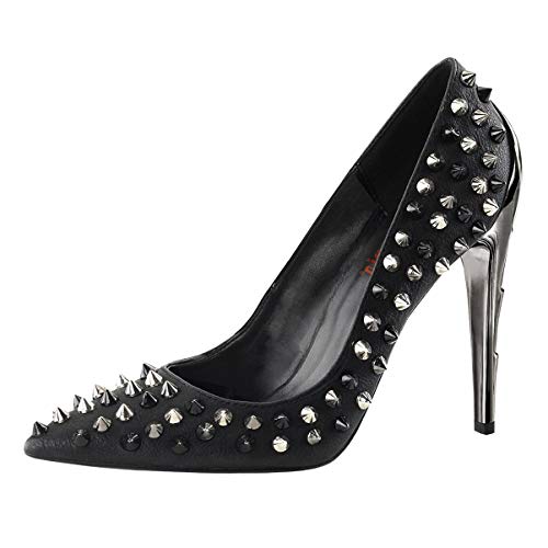Amazon.com | Womens Black Studded Heels Lightning Bolt Shoes Pointed