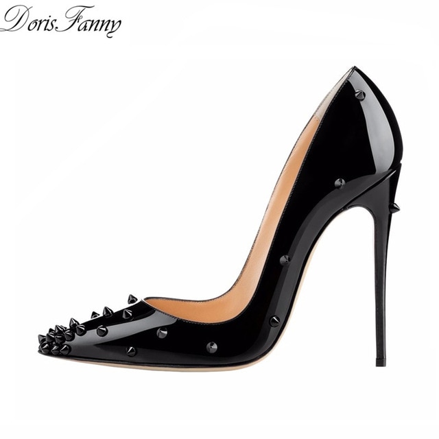 DorisFanny Patent leather studded heels 12cm fashion ladies sexy
