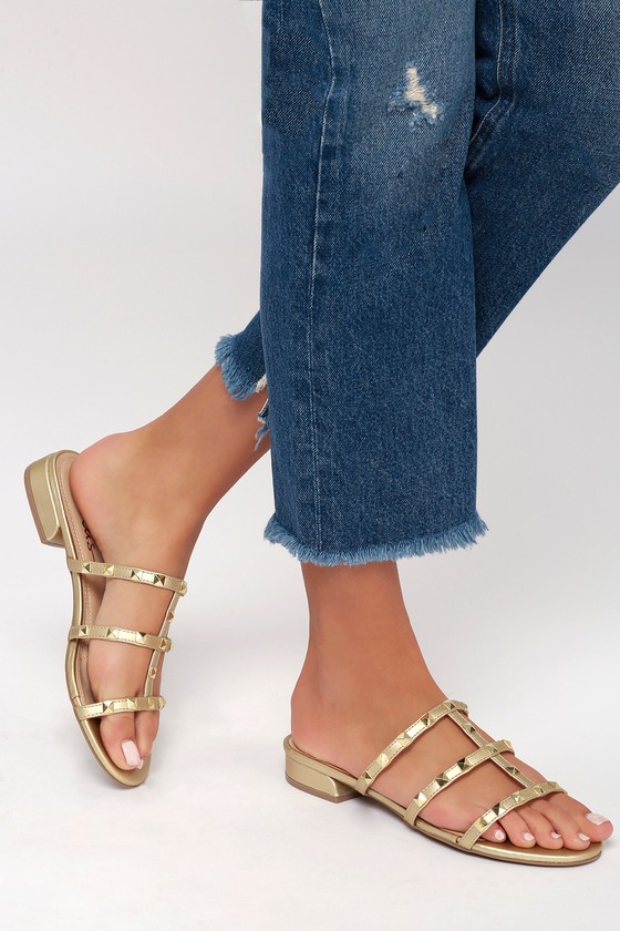 Cute Studded Sandals - Champagne Sandals - Slide Sandals