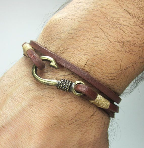 EXPRESS SHIPPING Fish Hook Bracelet in Brown Leather,Beige Rope
