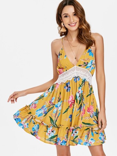 2019 Low Cut Floral Slip Summer Dress In ORANGE GOLD XL | ZAFUL