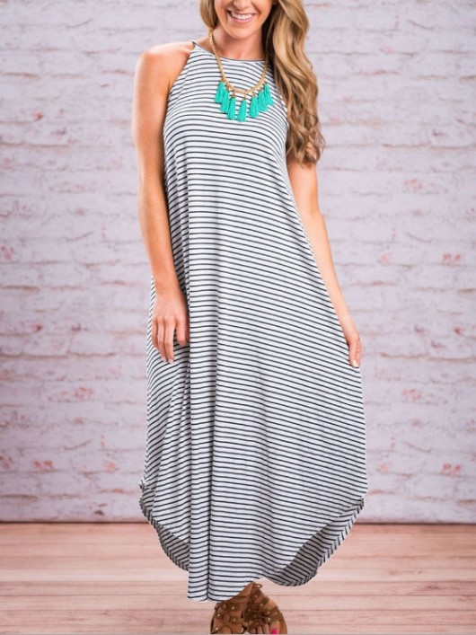 Long Summer Dresses Stripes Straps Maxi Swing Casual Dress | Classyin