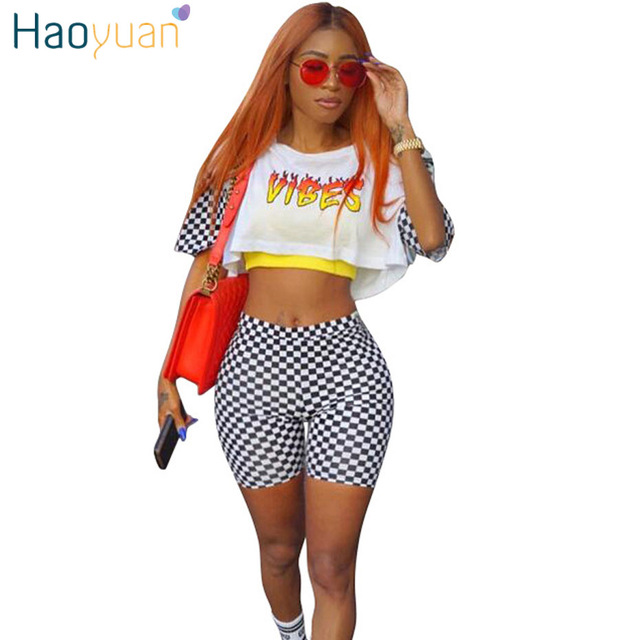 HAOYUAN Plus size 2 piece set women 2018 summer outfits VIBES print