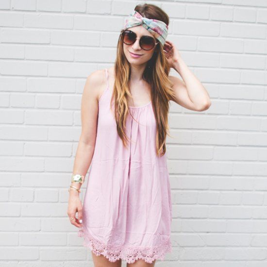 A simple summer outfit featuring a blush pink slip dress, and