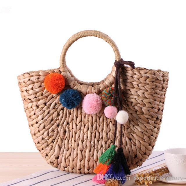 2018 High Quality Tassel Rattan Bag Beach Bag Straw Totes Bag Summer