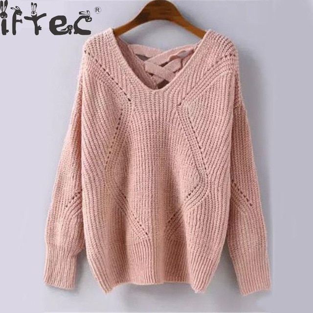 Geometric Pattern Knitted Sweater Pink Pullovers Women Hollow