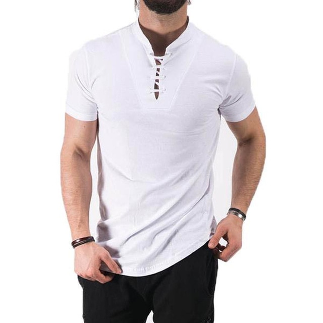 2018 Stylish Summer Lace Up T shirt Men's Short Sleeve Stand Collar