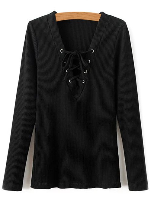 Long Sleeve V Neck Lace Up T-Shirt - Black - M Material:Cotton