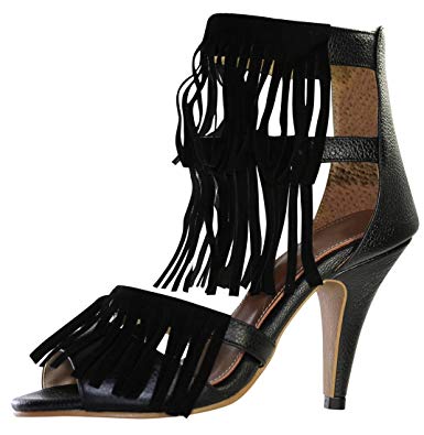 Amazon.com | D'jandro Women's Petite T-Strap Fringe Heels Black