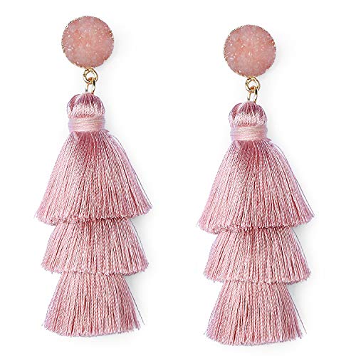 Amazon.com: Me&Hz Blush Pink Tiered Tassel Dangle Earrings Statement